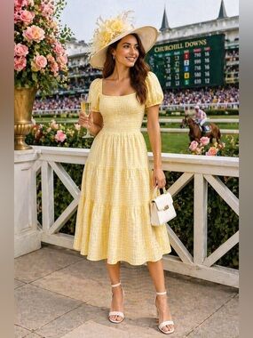 NWT Kentucky Derby Yellow Gingham Midi Dress Smocked Puff Sleeve Cottagecore